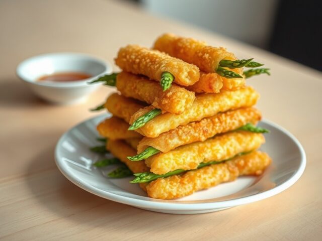 Gefrituurde vingers van gerookte paling en asperge