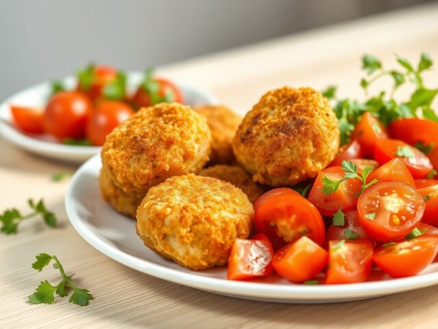 Gefrituurde visbolletjes met tomatensalade