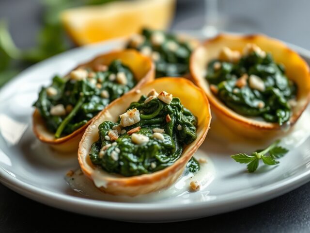 Geglaceerde oesters met spinazie — AI-gegenereerde illustratie
