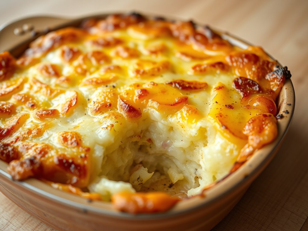 Gegratineerde aardappelschotel met brie, AI-gegenereerde illustratie