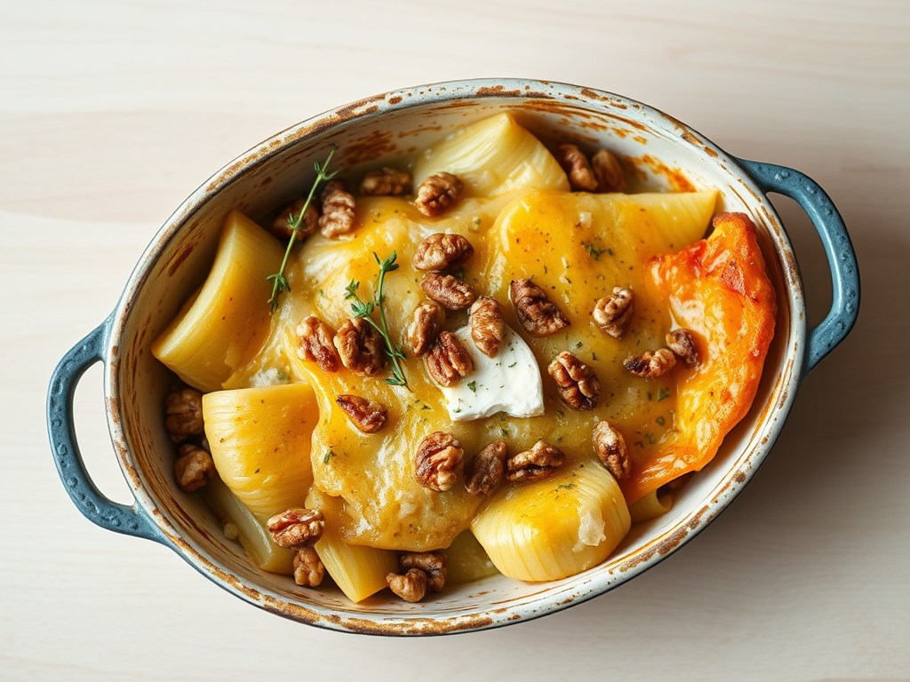 Gegratineerde aardperen met zuurkool, AI-gegenereerde illustratie