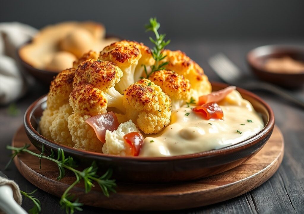 Gegratineerde bloemkool met ham en kaas, AI-gegenereerde illustratie