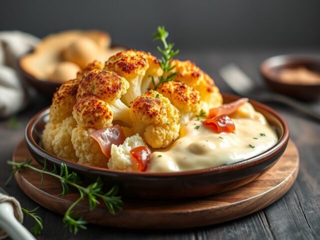 Gegratineerde bloemkool met ham en kaas — AI-gegenereerde illustratie