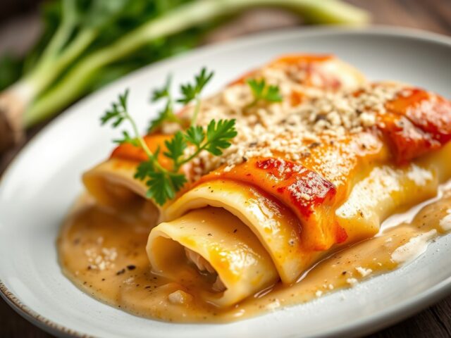 Gegratineerde cannelloni met prei en kip — AI-gegenereerde illustratie