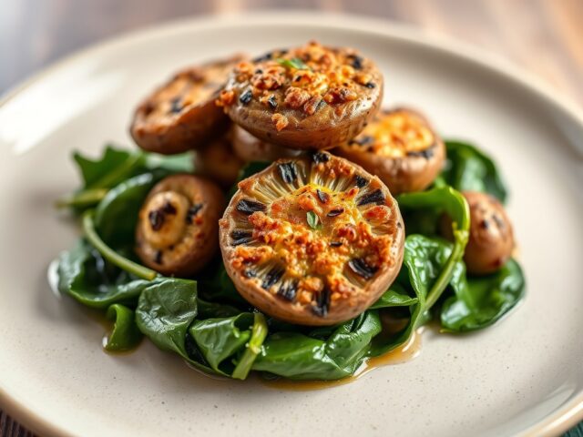Gegratineerde champignons met spinazie — AI-gegenereerde illustratie