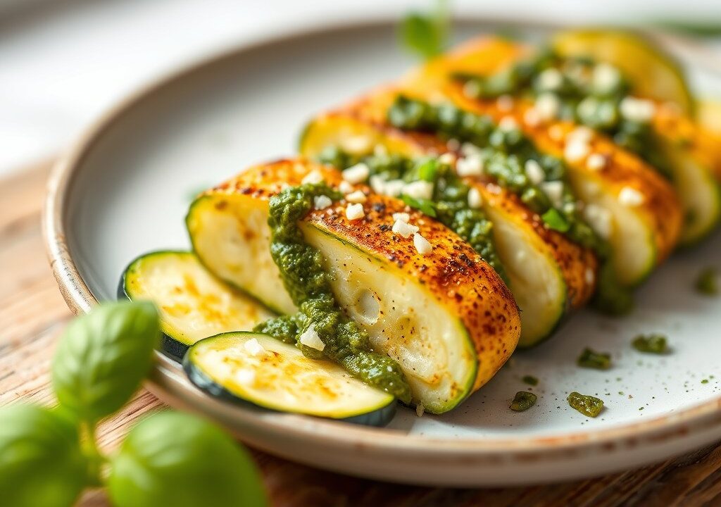 Gegratineerde courgettes met pesto, AI-gegenereerde illustratie