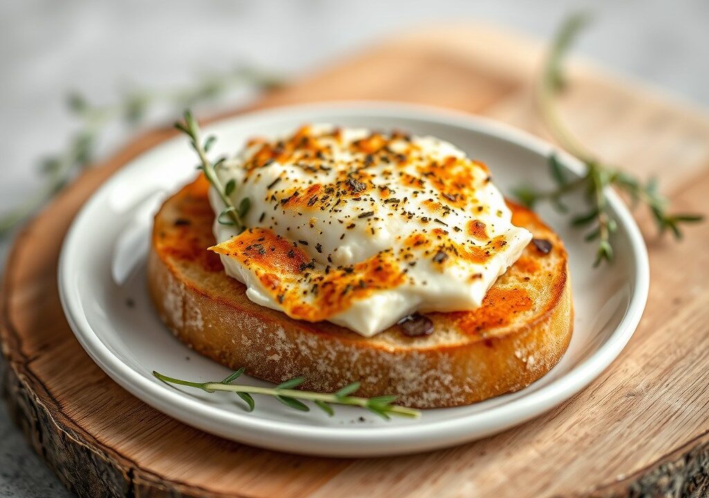 Gegratineerde geitenkaas op suikerbrood, AI-gegenereerde illustratie