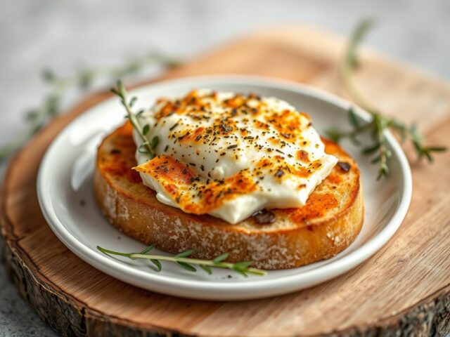 Gegratineerde geitenkaas op suikerbrood — AI-gegenereerde illustratie