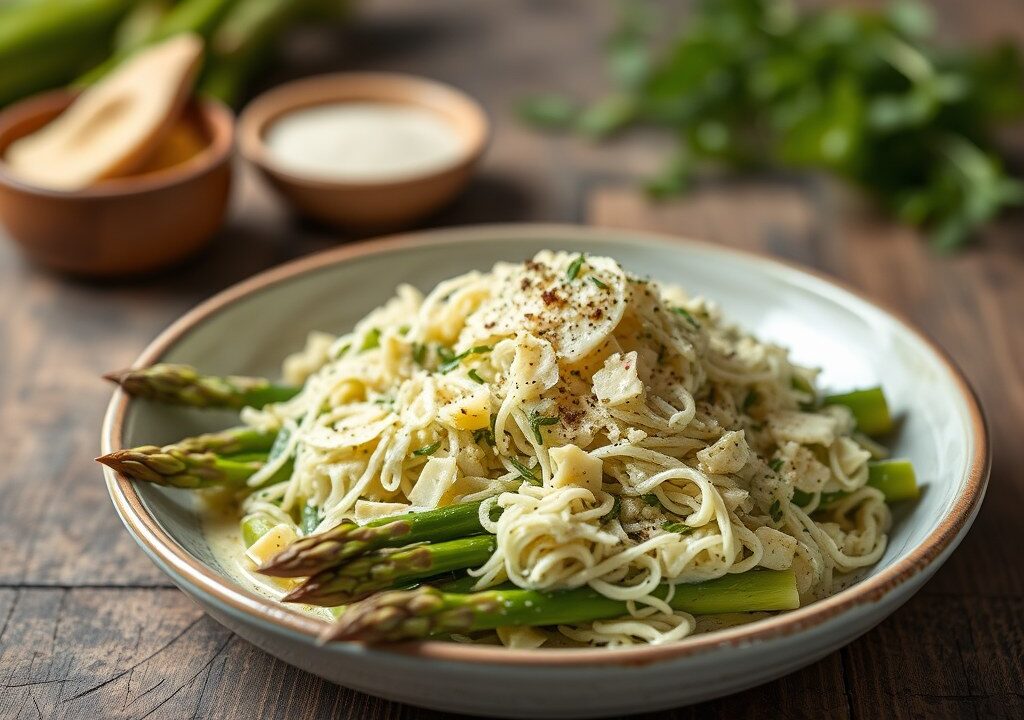 Gegratineerde groene asperges + witte truffelolie, AI-gegenereerde illustratie