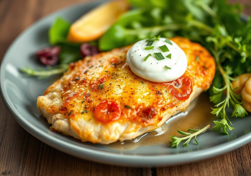 Gegratineerde kipfilet, AI-gegenereerde illustratie