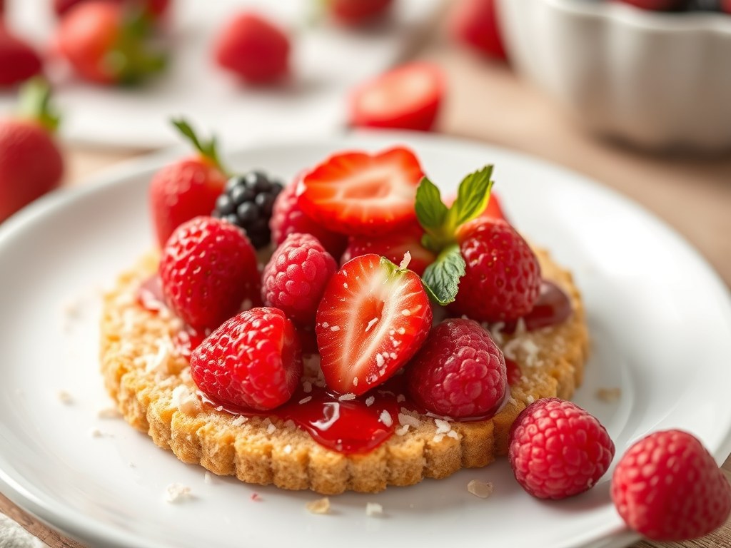 Gegratineerde kokosbeschuitjes met fruit, AI-gegenereerde illustratie
