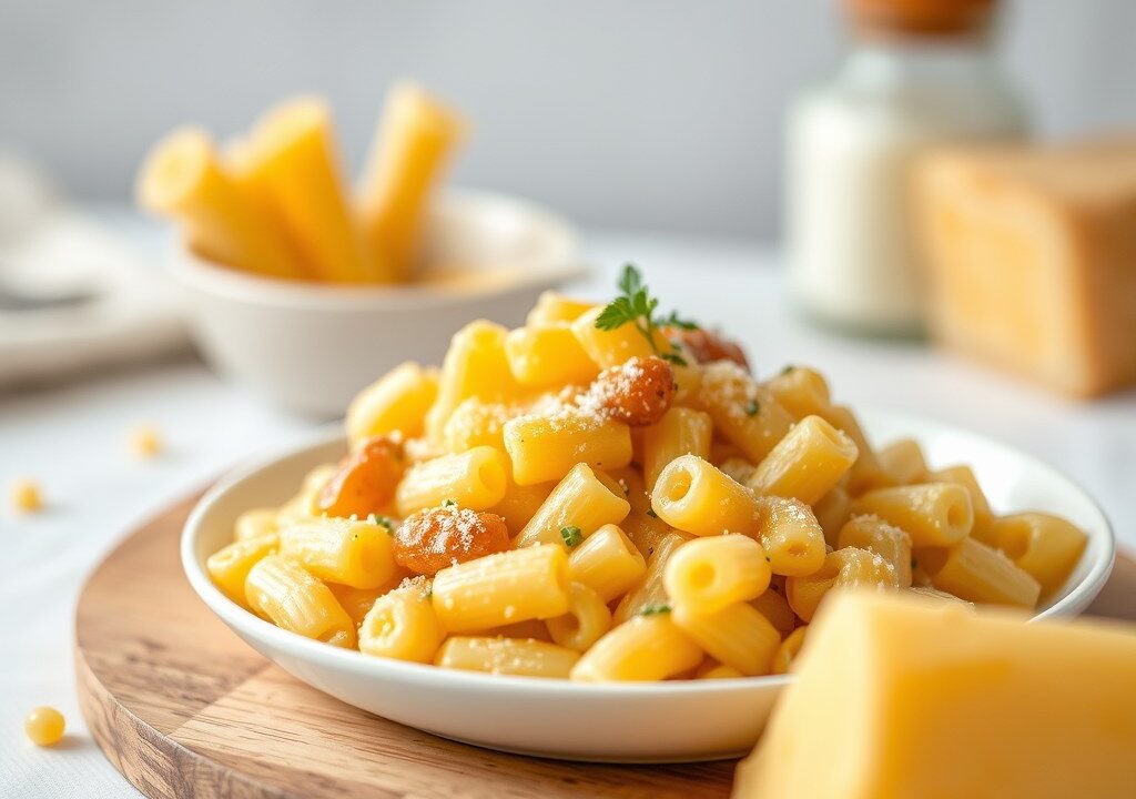 Gegratineerde macaroni met Knacki, AI-gegenereerde illustratie