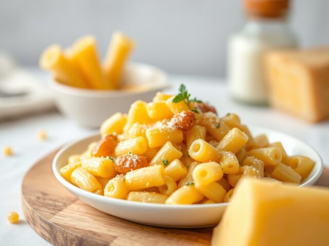 Gegratineerde macaroni met Knacki — AI-gegenereerde illustratie