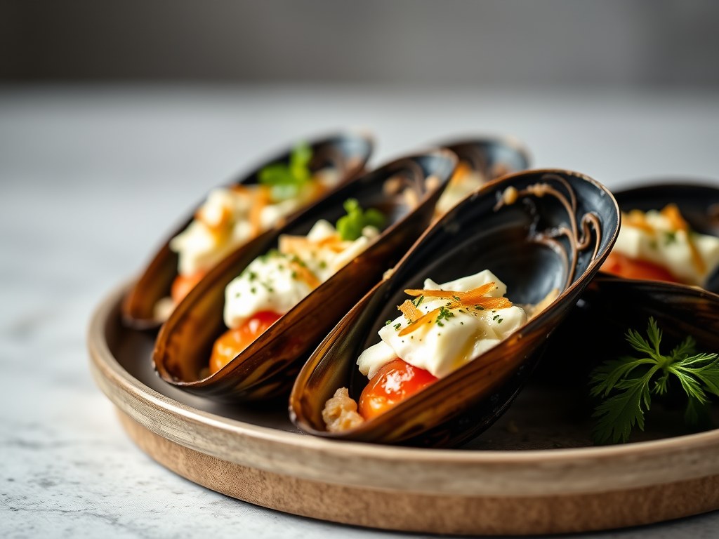 Gegratineerde mosselen met roquefort en gedroogde, AI-gegenereerde illustratie