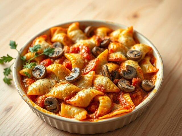 Gegratineerde pasta met champignons