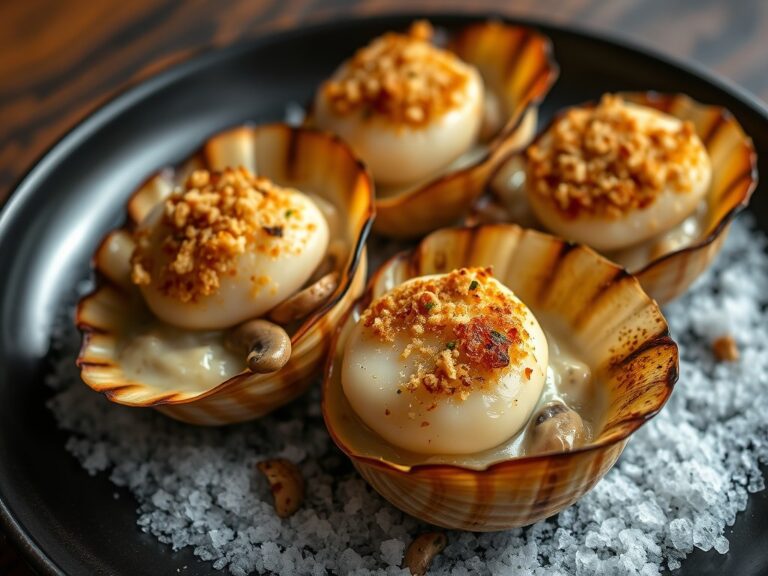 Gegratineerde Sint-Jacobsschelpen met champignons