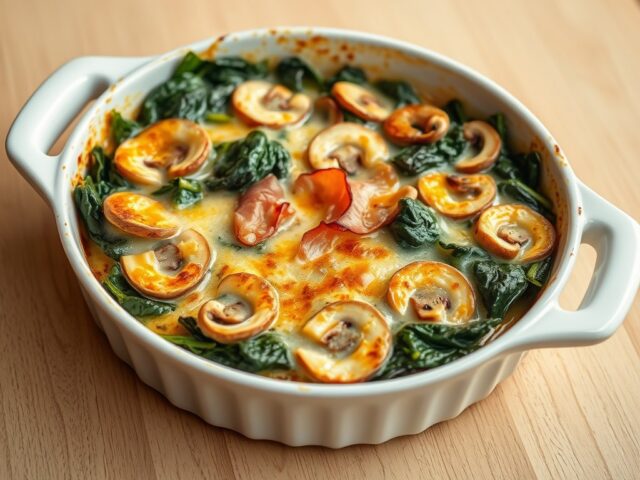 Gegratineerde spinazie met champignons