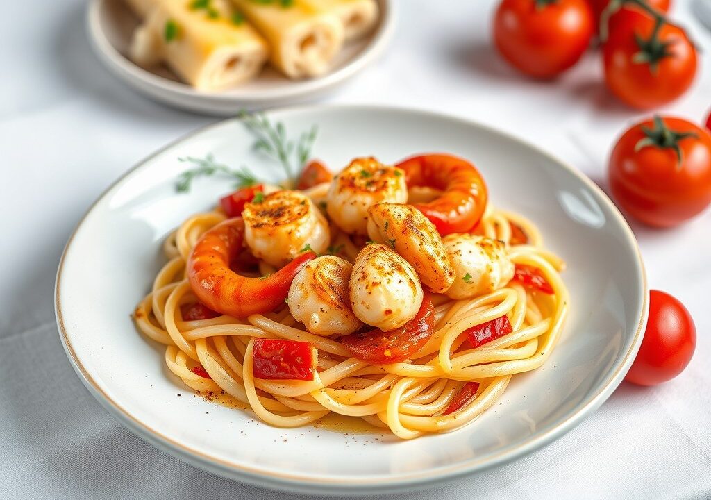 Gegratineerde tarbot met gamba’s en prei, AI-gegenereerde illustratie