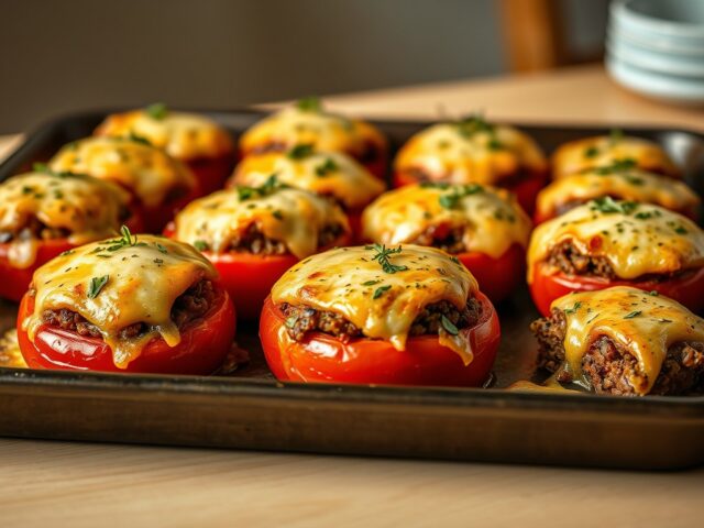 Gegratineerde tomaten met Old Amsterdam en gehakt