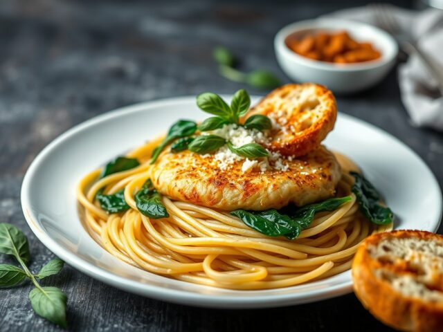Gegratineerde zalmfilet met Boursin, spaghetti en