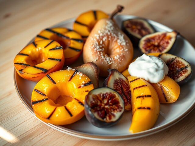 Gegrild fruit met vanille, cognac en crème fraiche