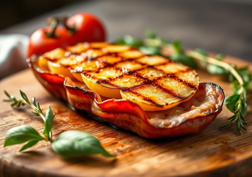 Gegrild hapje fruit verpakt in ham, bacon e.d. — AI-gegenereerde illustratie