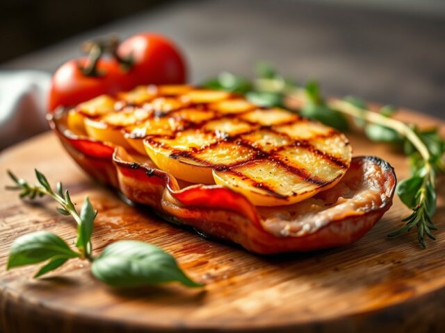 Gegrild hapje fruit verpakt in ham, bacon e.d.