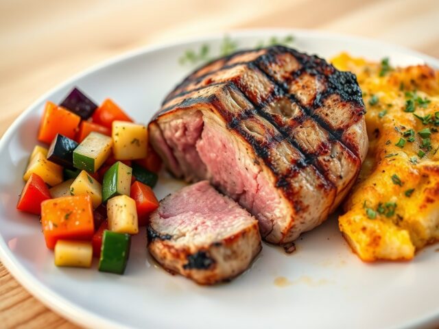 Gegrild kalfsvlees ratatouille, gratin met verse kruiden