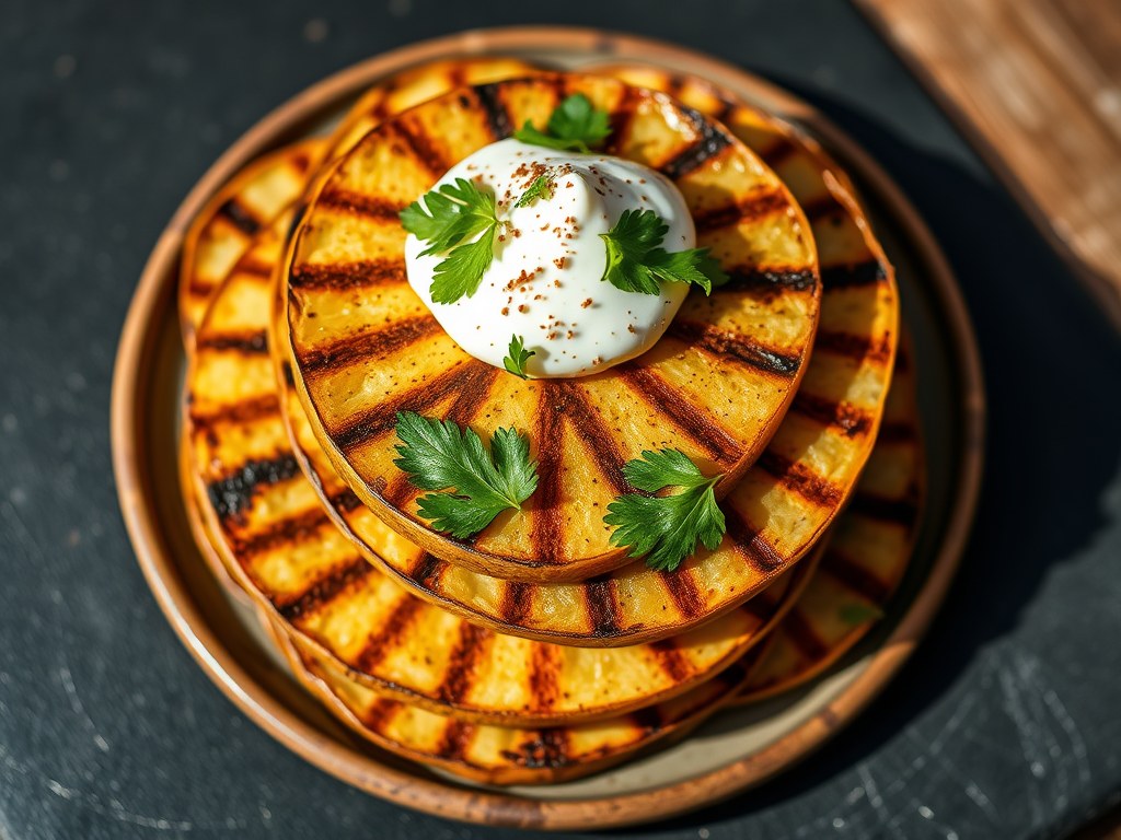 Gegrilde aardappelschijfjes met zure room, AI-gegenereerde illustratie