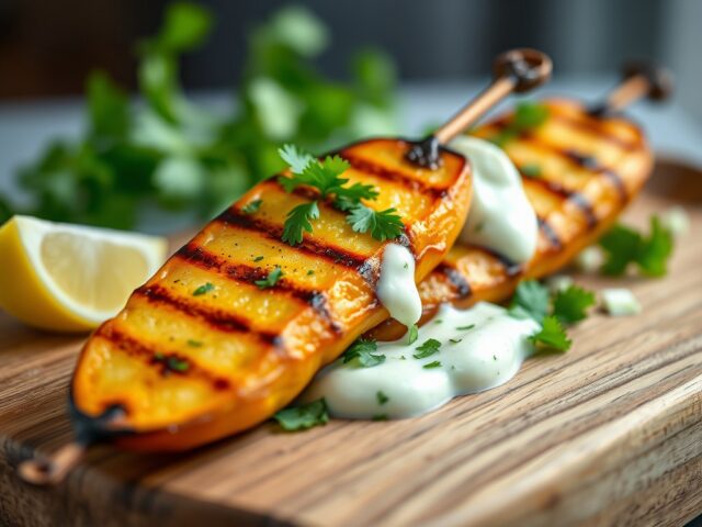 Gegrilde aardappelschijfjes met zure room — AI-gegenereerde illustratie
