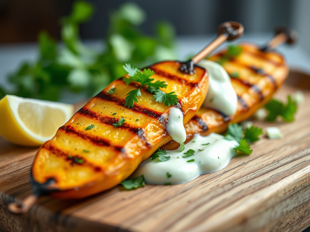 Gegrilde aardappelschijfjes met zure room, AI-gegenereerde illustratie