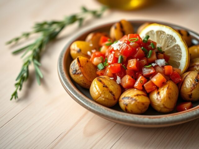 Gegrilde aardappeltjes met een salsa van paprika