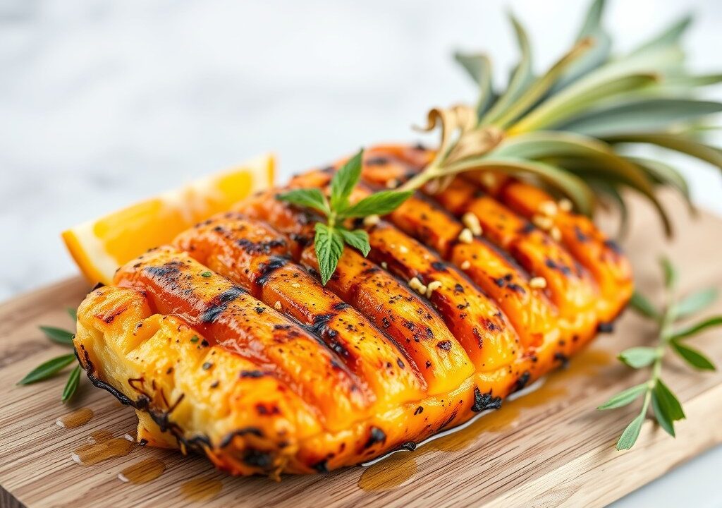 Gegrilde ananas met Grand Marniersiroop en vanill, AI-gegenereerde illustratie