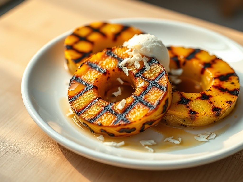 Gegrilde ananas met honing en ijs, AI-gegenereerde illustratie