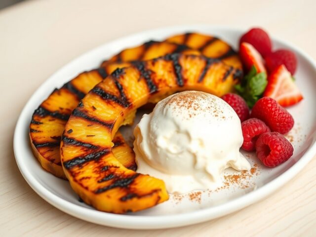 Gegrilde ananas met vanille-ijs en rode vruchten