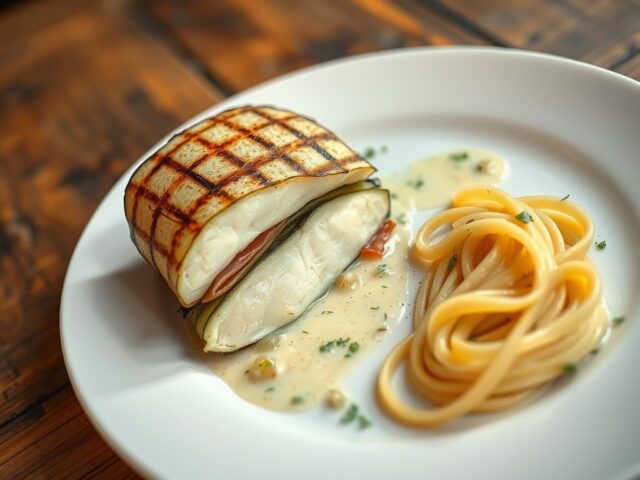 Gegrilde auberginerol met zeetongfilet, Gandaham