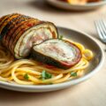 Gegrilde auberginerol met zeetongfilet, Gandaham , peterselieboter en fettuccine