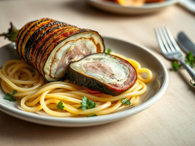 Gegrilde auberginerol met zeetongfilet, Gandaham , peterselieboter en fettuccine
