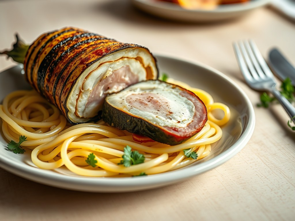 Gegrilde auberginerol met zeetongfilet, Gandaham , peterselieboter en fettuccine, AI-gegenereerde illustratie