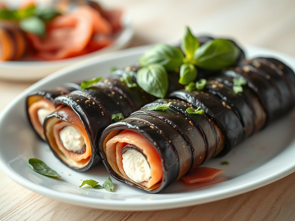 Gegrilde auberginerolletjes met roomkaas en rauwe, AI-gegenereerde illustratie