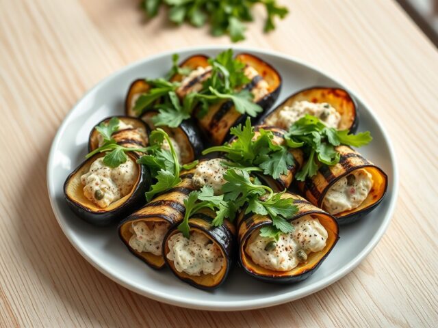 Gegrilde auberginerolletjes met tonijnsalade