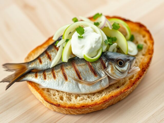 Gegrilde bakharing op een roggetoast met appel, venkel en zure room
