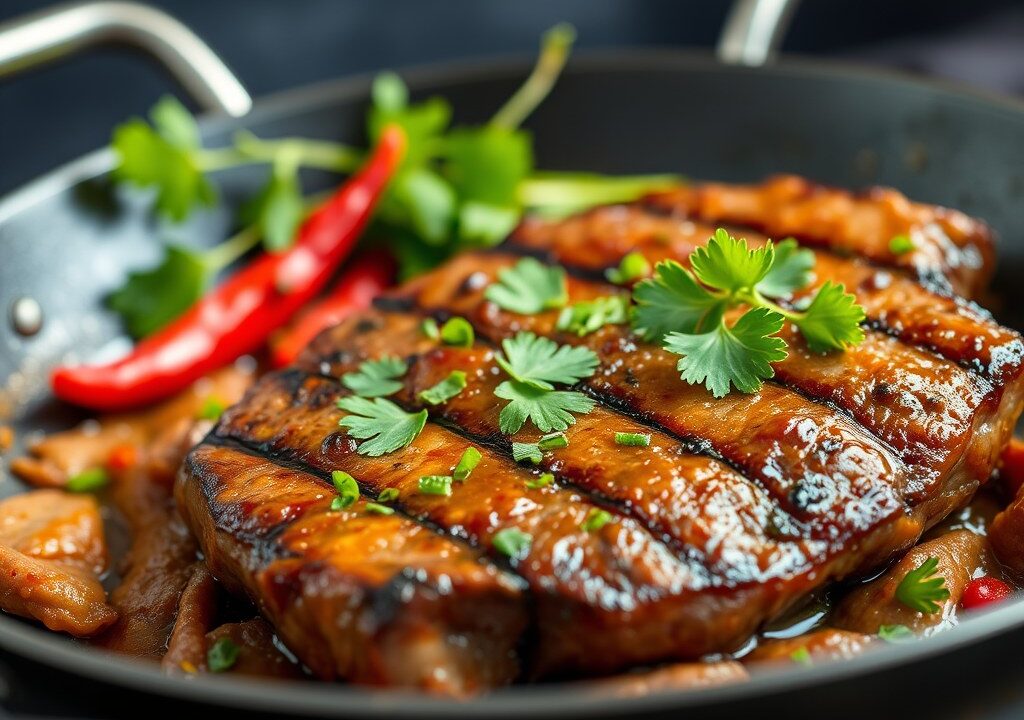 Gegrilde biefstuk met rivierkreeftjessaus — AI-gegenereerde illustratie