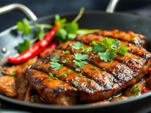 Gegrilde biefstuk met rivierkreeftjessaus — AI-gegenereerde illustratie