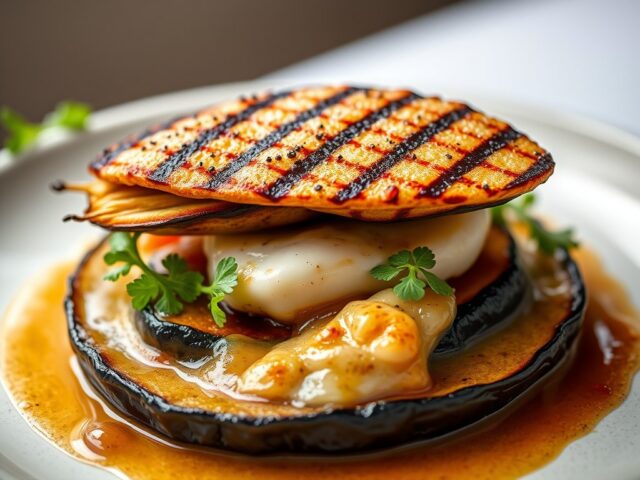 Gegrilde coquille op auberginecompôte met een schijfje ganzelever