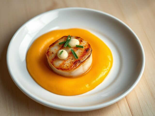 Gegrilde coquille op een bedje van mangopuree