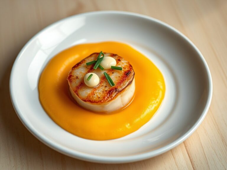 Gegrilde coquille op een bedje van mangopuree