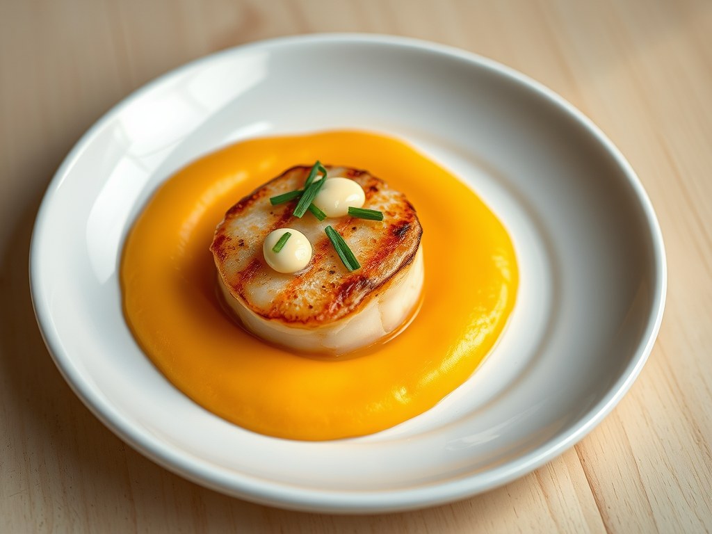 Gegrilde coquille op een bedje van mangopuree, AI-gegenereerde illustratie