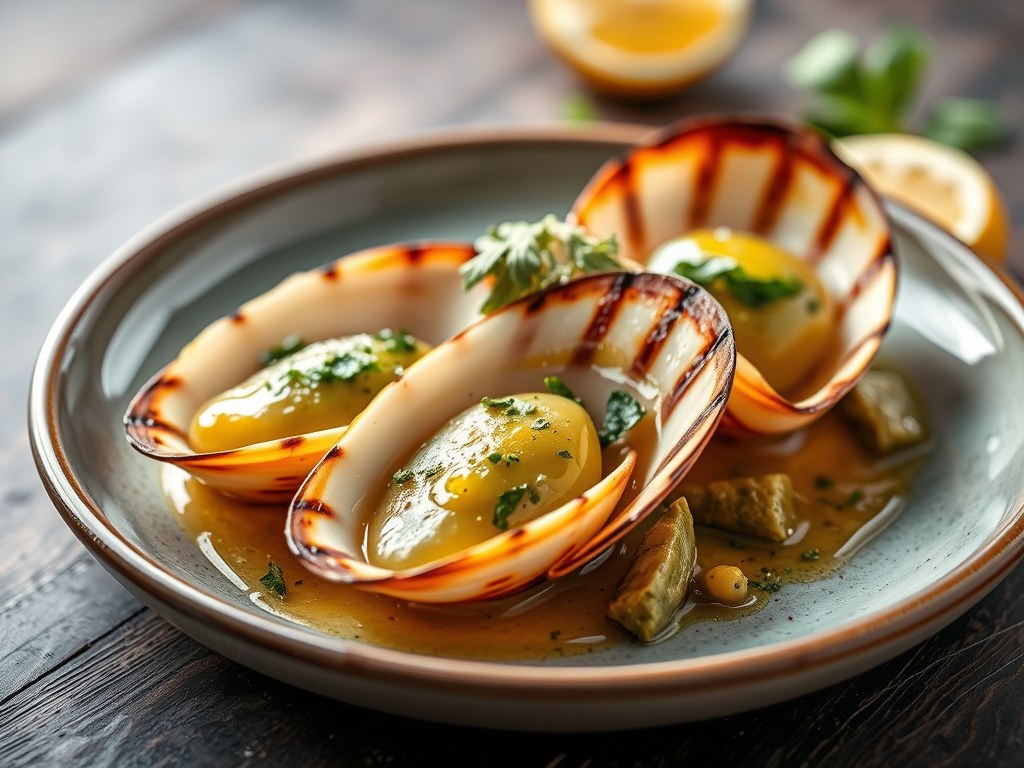 Gegrilde coquilles met groene asperges, Seranoham, AI-gegenereerde illustratie