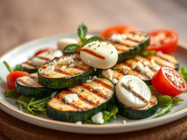 Gegrilde courgette met een salade van mozzarella,